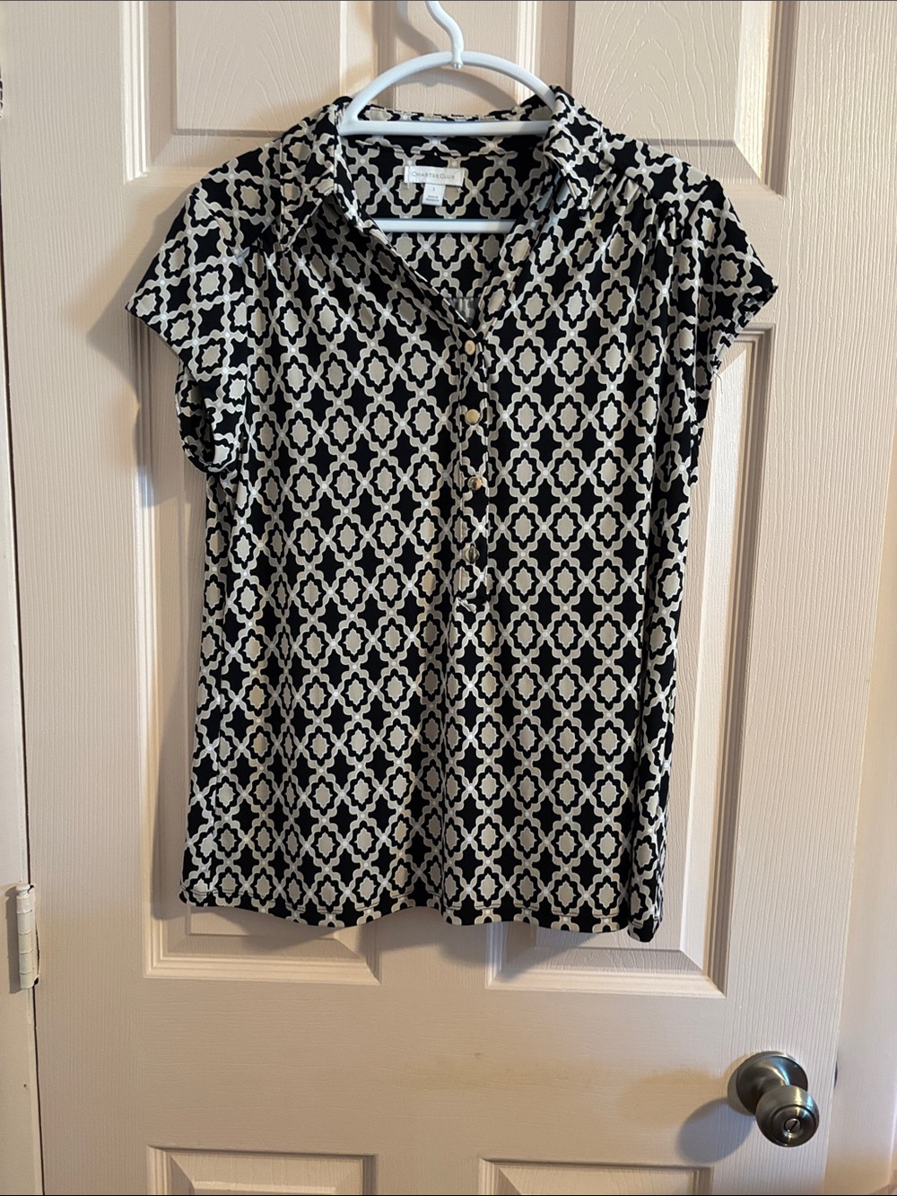 Charter Club Black and White Geometric Short-Sleeve Blouse